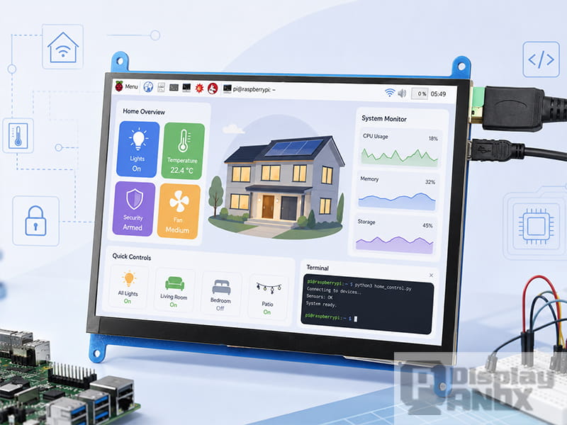 7 inch Raspberry Pi LCD touch screen showing a smart home dashboard interface with cables and maker electronics elements