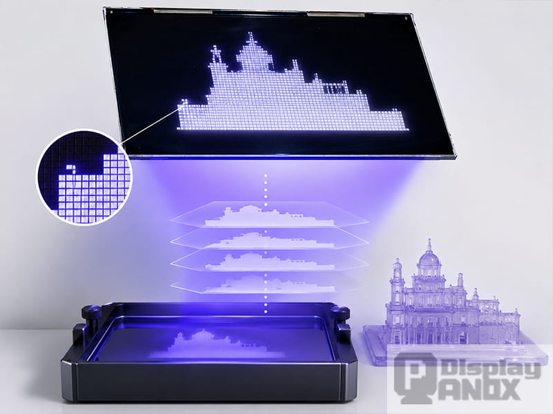 8.9-inch LCD panel illustrating layer exposure and pixel-level masking in resin 3D printing
