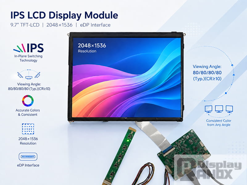 9.7 inch IPS LCD display module with 2048x1536 resolution and eDP interface for high-resolution embedded display applications.