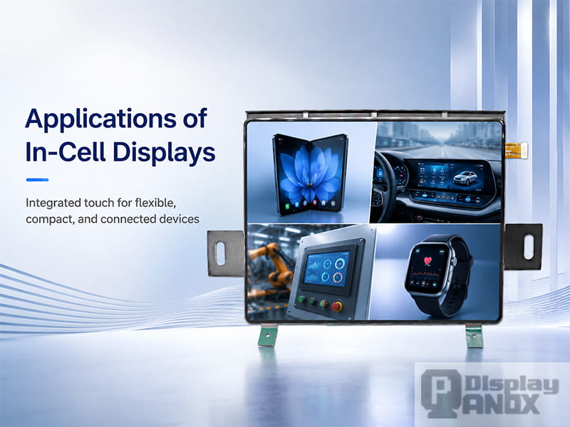 8 inch flexible OLED module showing key In-Cell display applications in mobile, automotive, industrial and wearable devices.