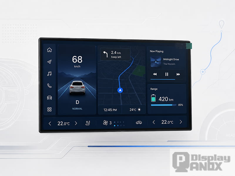 Automotive console display panel showing navigation, media, range and climate control interface
