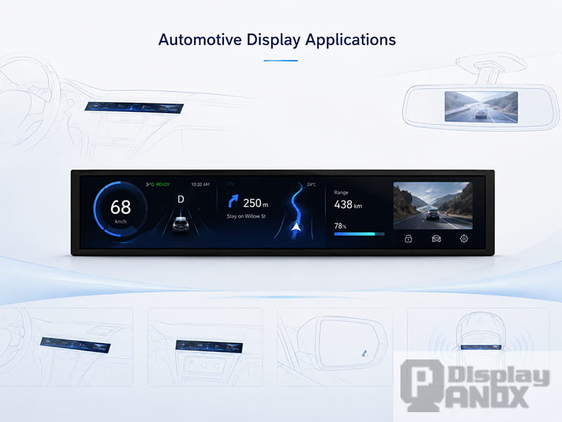 Industrial vehicle HMI with 6.5 inch LCD showing machine status, battery level and camera view