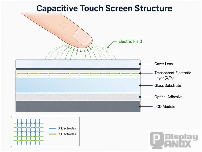 Capacitive touch screen structure showing cover lens, transparent electrode layer, glass substrate, optical adhesive, and LCD module with electric field detection
