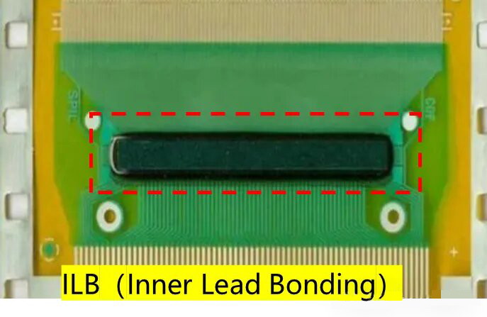 Close-up of the inner lead bonding (ILB) area connecting the driver IC to the COF film.