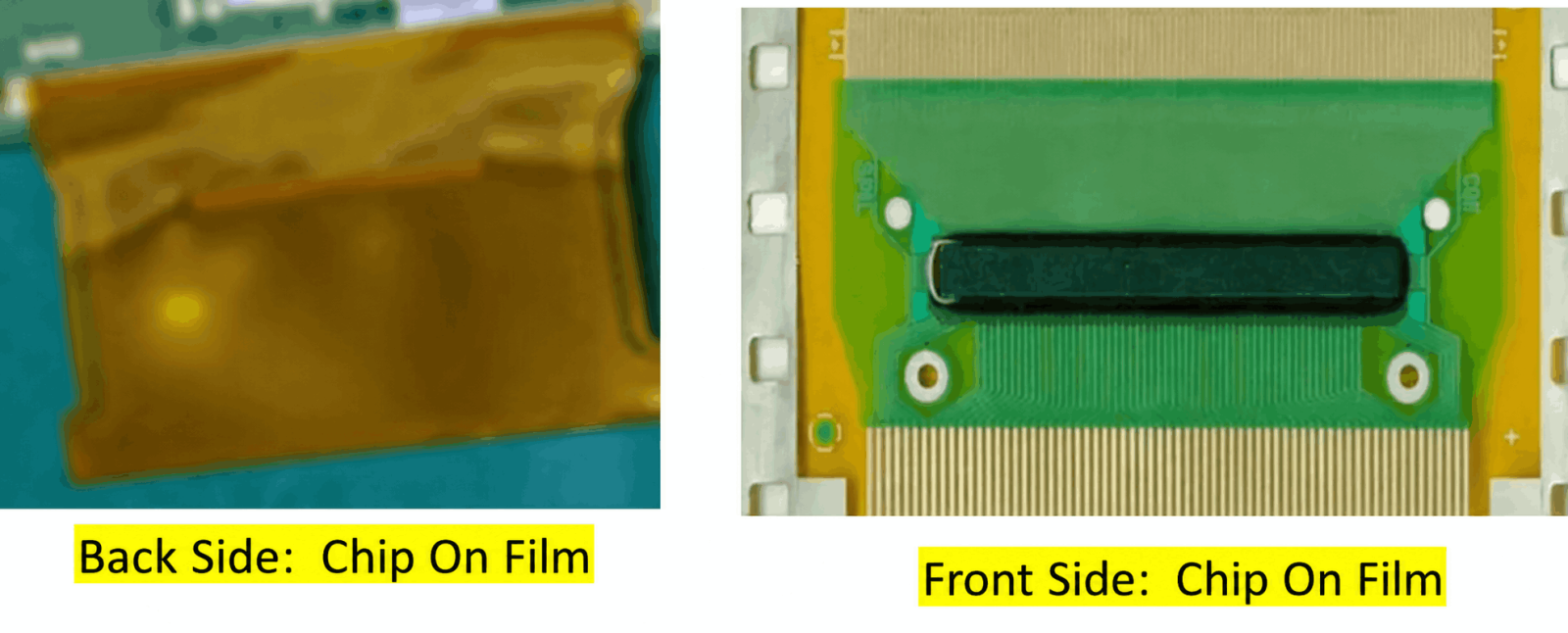 Front and back views of chip-on-film (COF) packages used in LCD modules.