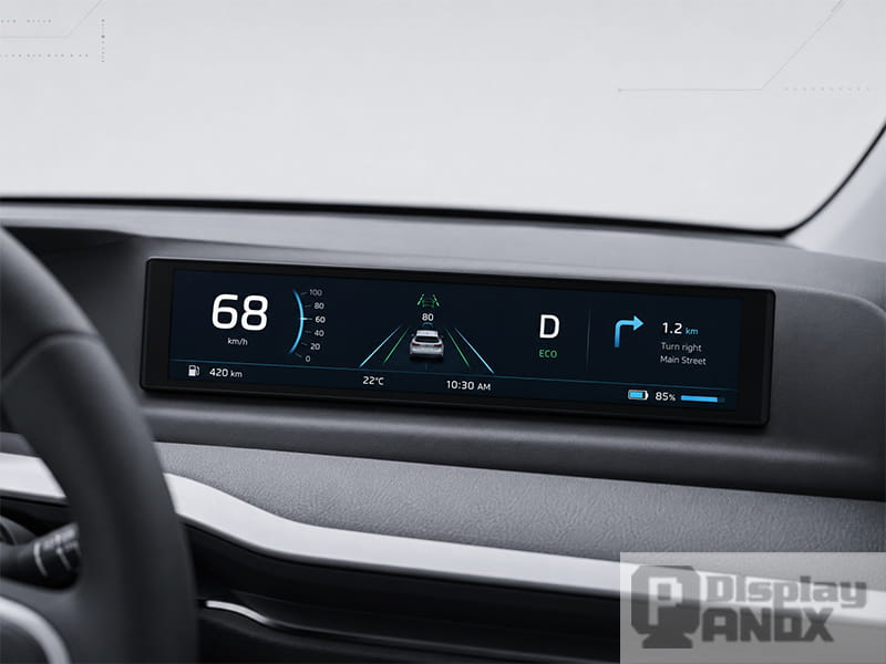Long strip automotive display integrated into a dashboard as a digital instrument cluster