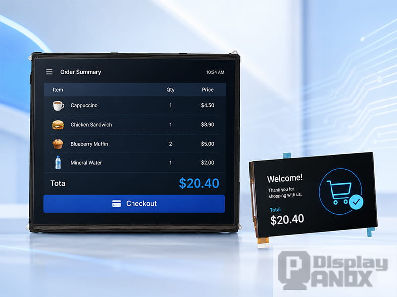 Dual-screen POS display solution using a 9.7 inch main TFT-LCD and a 5.5 inch customer-facing OLED display with payment interface.