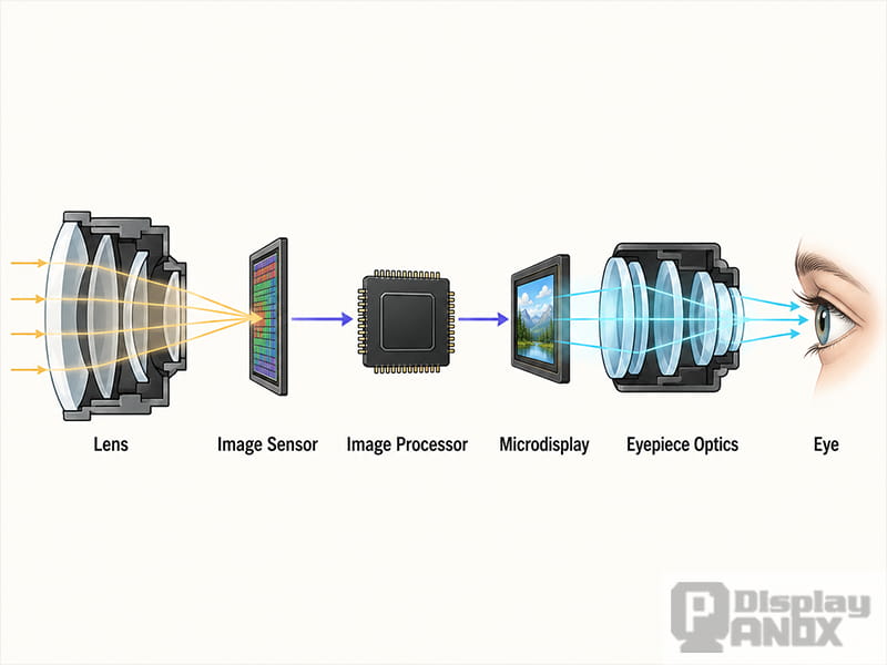 Electronic viewfinder imaging chain from the camera lens and image sensor to the microdisplay, eyepiece optics, and eye.