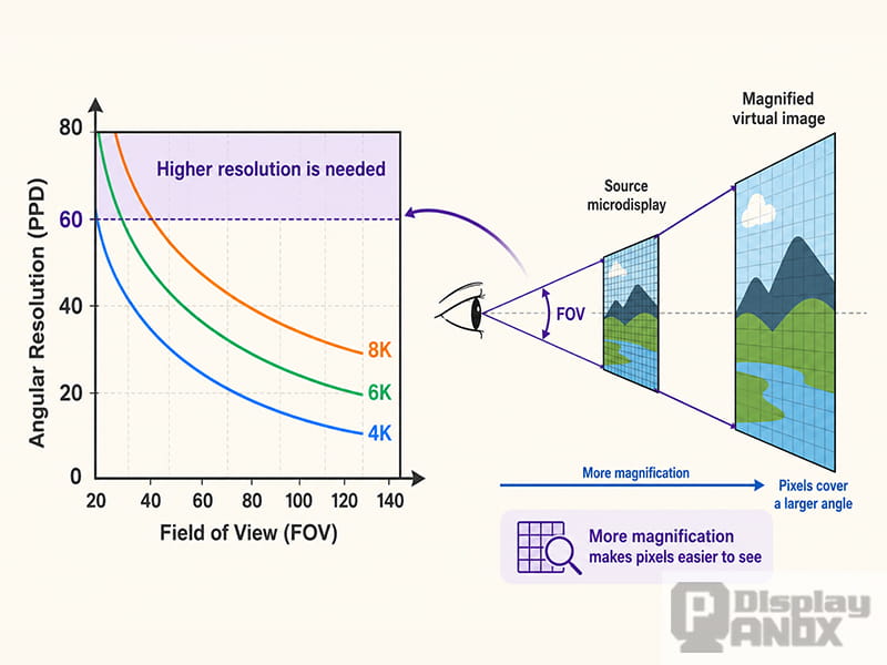 Diagram showing how field of view and magnification affect angular resolution and pixel visibility in an electronic viewfinder.