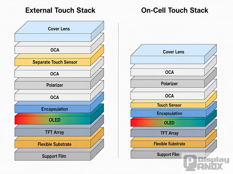 External touch stack and On-Cell touch stack structure comparison