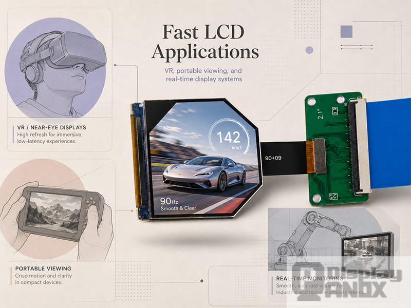 Fast LCD applications for VR, portable viewing and real-time industrial monitoring, featuring a 2.1 inch 90Hz LCD display with HDMI board.