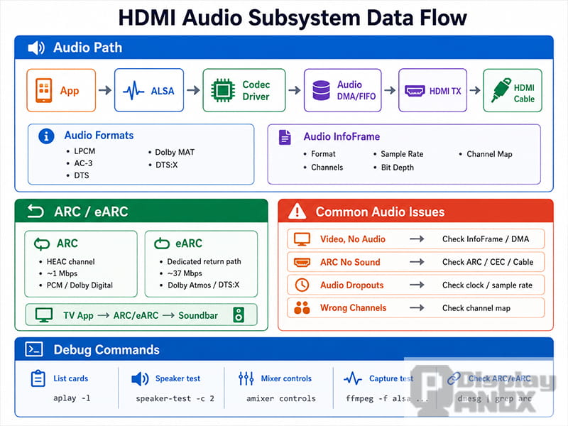 HDMI audio subsystem data flow diagram showing the path from app, ALSA and codec driver to HDMI TX, ARC/eARC, common audio issues and debug commands.