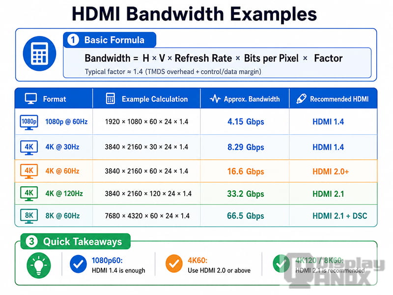 HDMI bandwidth examples table comparing 1080p, 4K, and 8K formats with recommended HDMI versions
