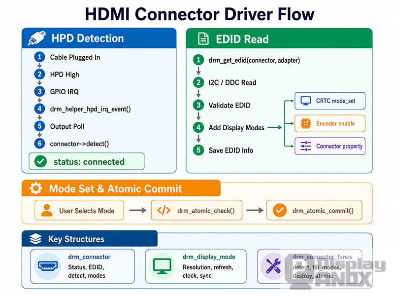 HDMI connector driver flow diagram showing HPD detection, EDID reading, atomic commit and key DRM structures.
