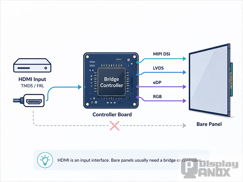 HDMI controller board converting an HDMI input into MIPI DSI, LVDS, eDP, or RGB for a bare display panel.