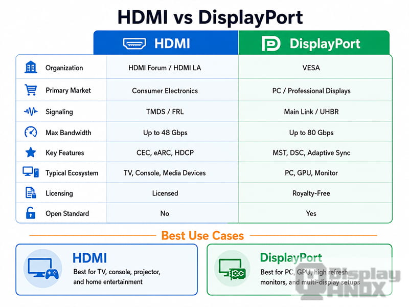 HDMI and DisplayPort comparison infographic with best use cases for TVs, consoles, PCs, and monitors