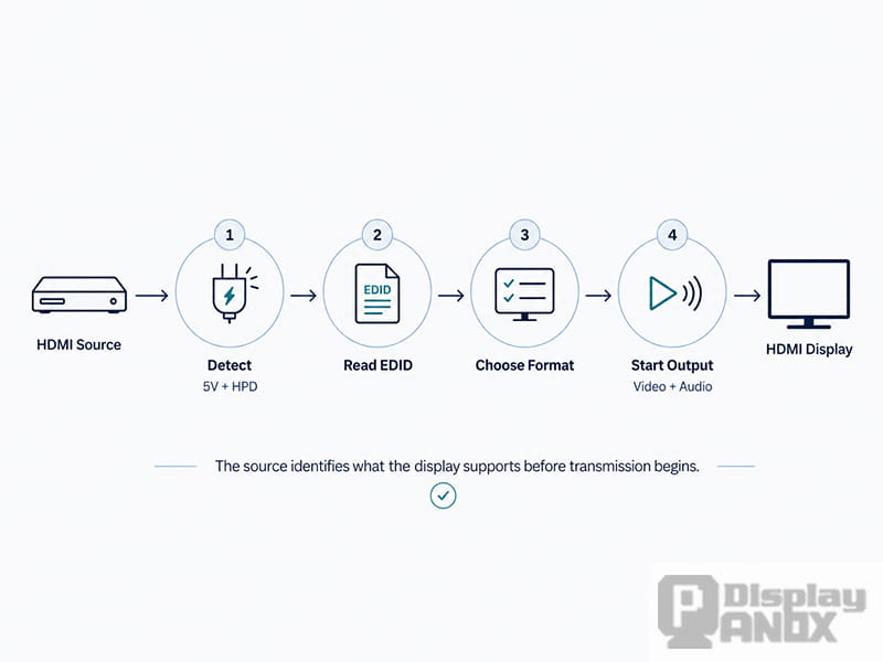 HDMI handshake process showing device detection, EDID reading, format selection, and video output.