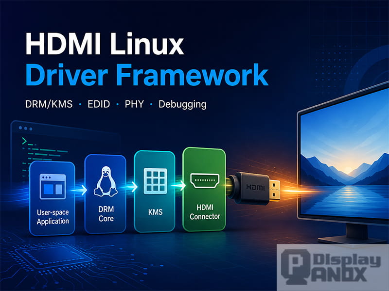 HDMI Linux driver framework hero image showing the display path from user-space application to DRM core, KMS and HDMI connector output.