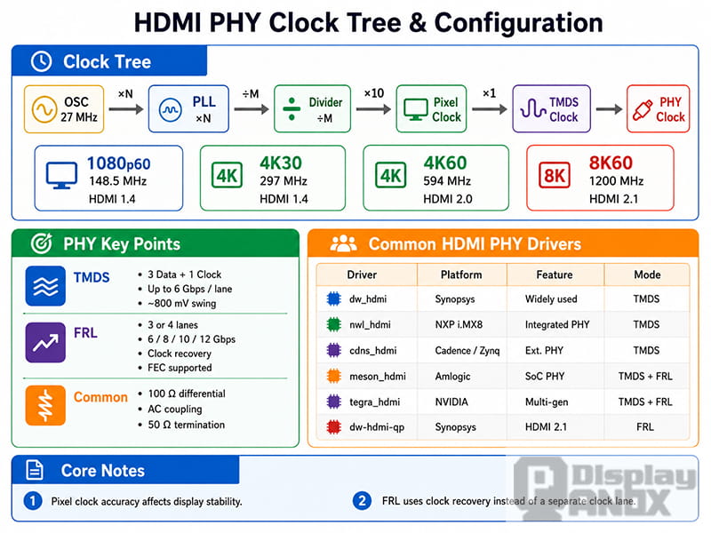 HDMI PHY clock tree and configuration diagram showing pixel clock, TMDS clock, PHY clock, common modes and PHY driver comparison.