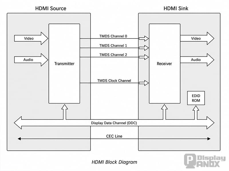 HDMI protocol block diagram showing source, sink, TMDS channels, DDC and CEC communication paths