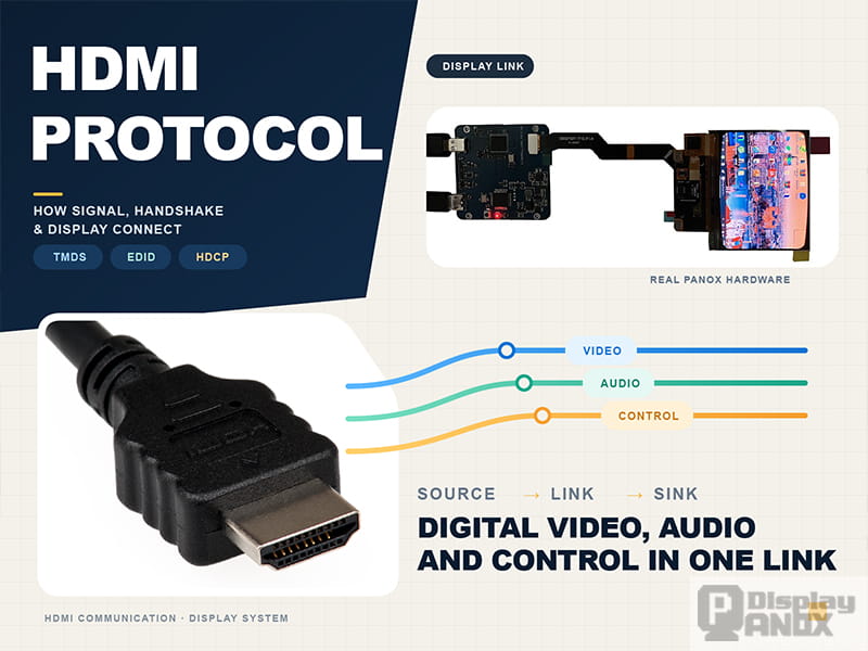 HDMI protocol diagram showing video, audio and control signals transmitted from an HDMI source to a display system