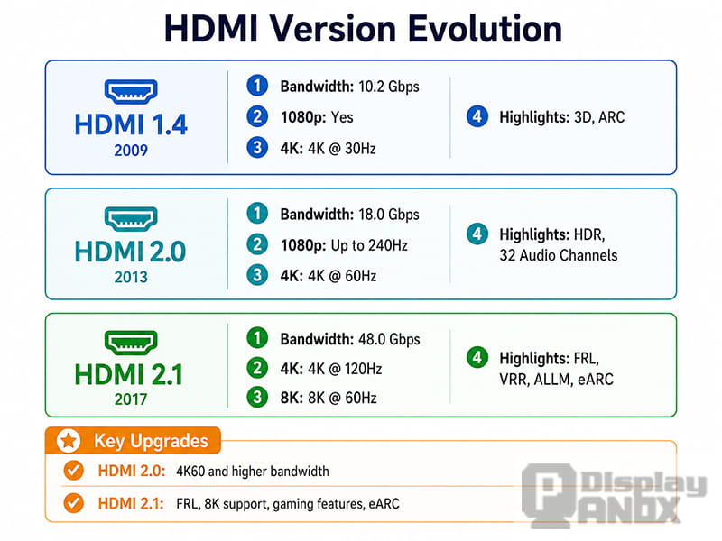 HDMI version evolution infographic comparing HDMI 1.4, HDMI 2.0, and HDMI 2.1 bandwidth and features