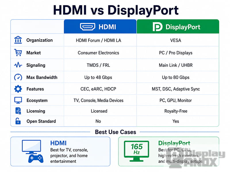 HDMI vs DisplayPort comparison chart covering bandwidth, signaling, features, ecosystem, and licensing