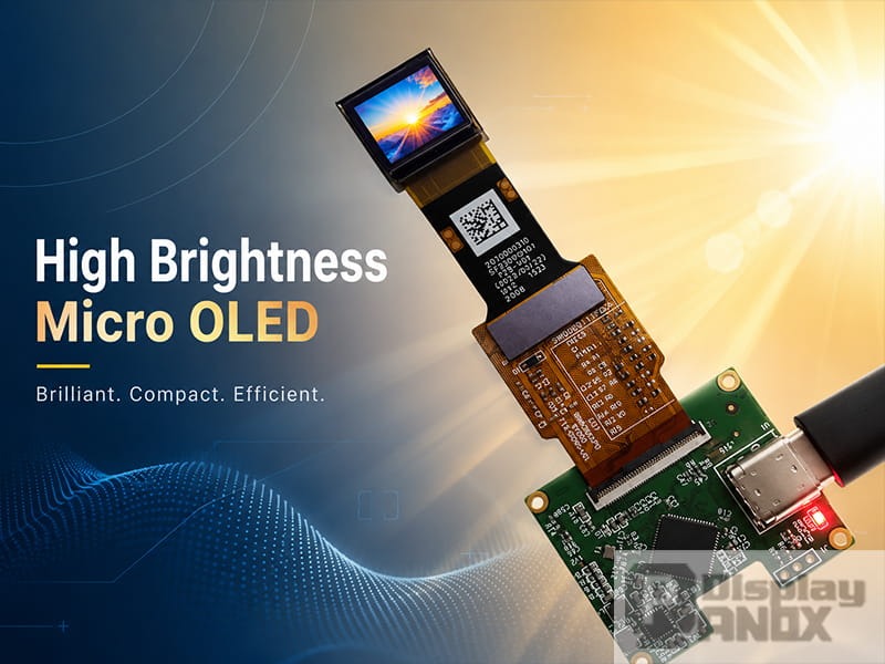 High brightness Micro OLED display module with controller board, showing strong luminance for high brightness display applications