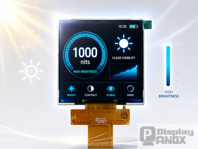 4.0 inch square LCD display panel with high brightness interface, showing clear visibility and 1000 nits luminance concept