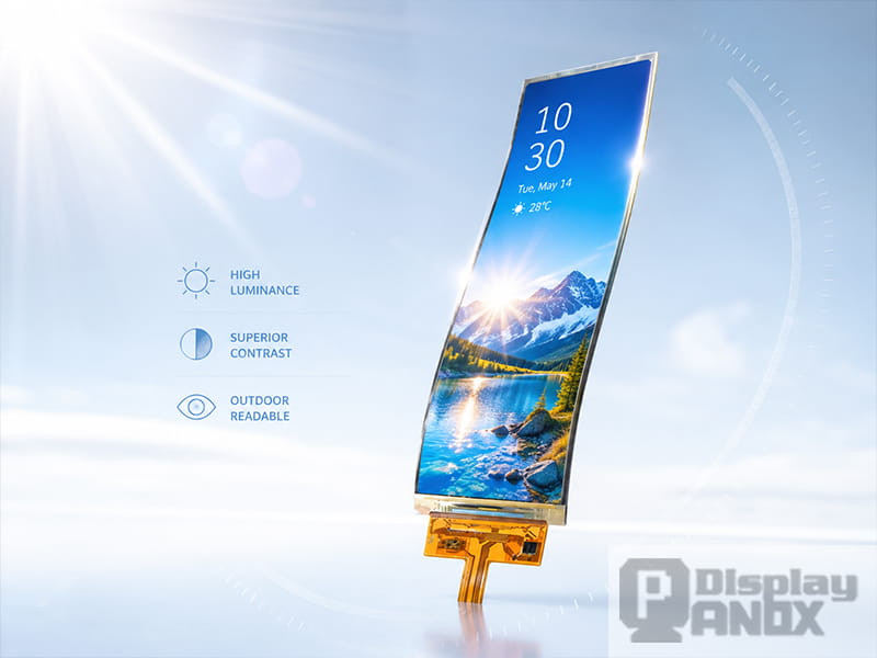 6.52 inch flexible OLED display panel showing a bright outdoor-readable image for high luminance display applications