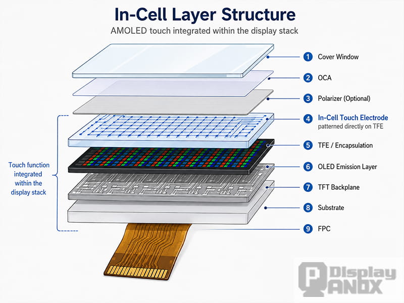 AMOLED In-Cell layer structure diagram showing touch electrode integrated on the TFE encapsulation surface.