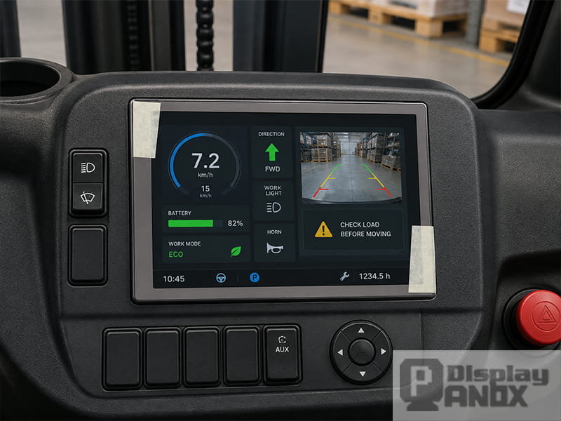 Industrial vehicle HMI with 6.5 inch LCD showing machine status, battery level and camera view