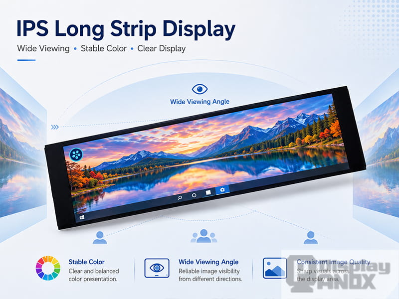 IPS long strip LCD display showing stable color, wide viewing angle, and clear image quality for stretched display applications.