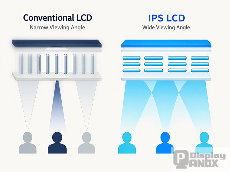 `Comparison of the narrow viewing angle of a conventional LCD and the wide viewing angle of an IPS LCD`