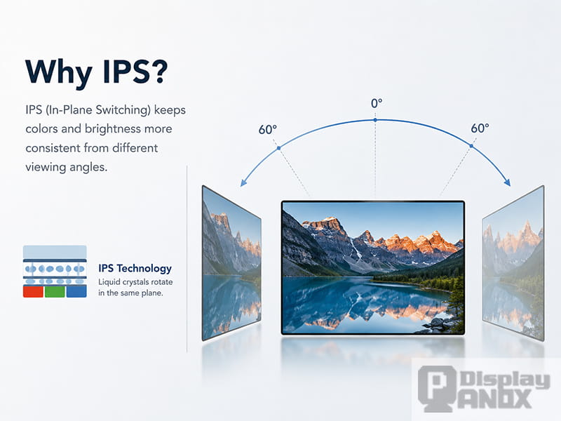 IPS display shown from multiple viewing angles with consistent color and brightness.