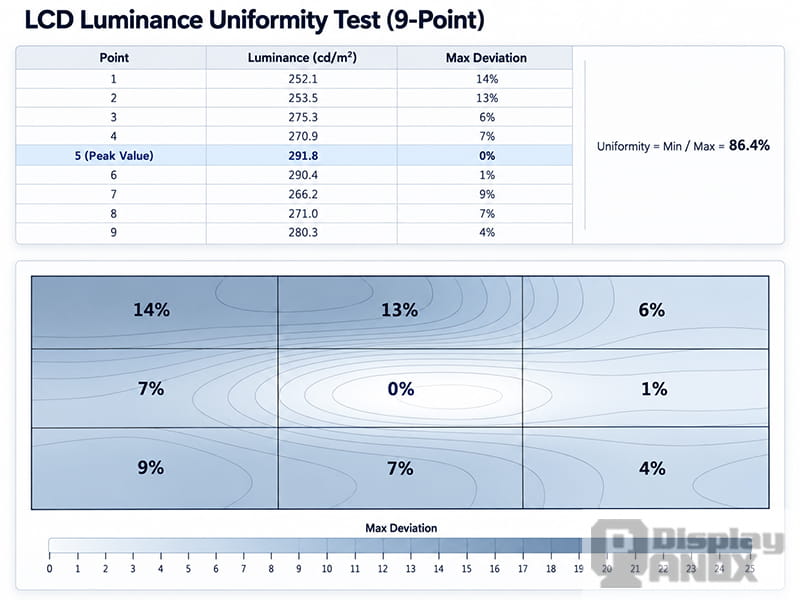 LCD nine-point luminance uniformity test showing brightness measurements, deviation percentages, and a contour map of screen brightness distribution.
