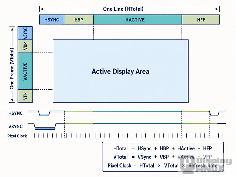 LCD display timing with sync width front porch back porch and active area