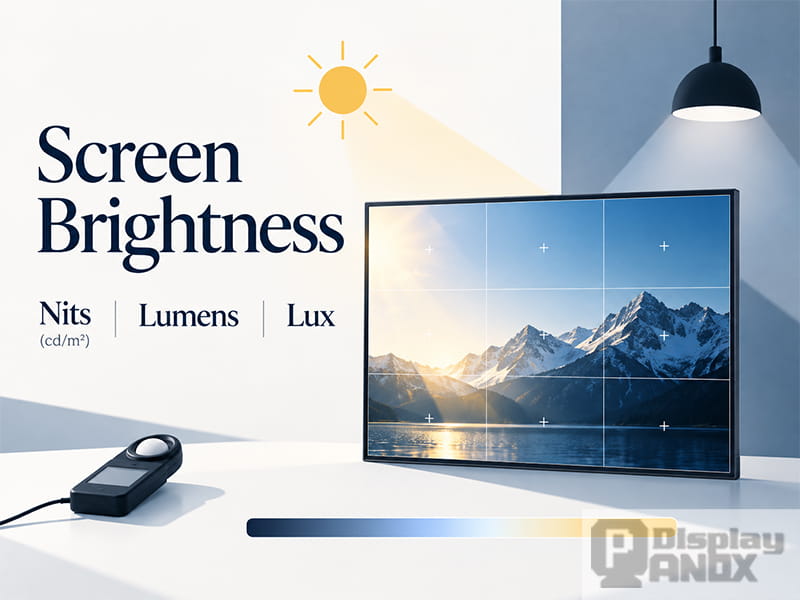LCD screen brightness illustration showing nits, lumens, lux, and a nine-point luminance measurement grid under different lighting conditions.