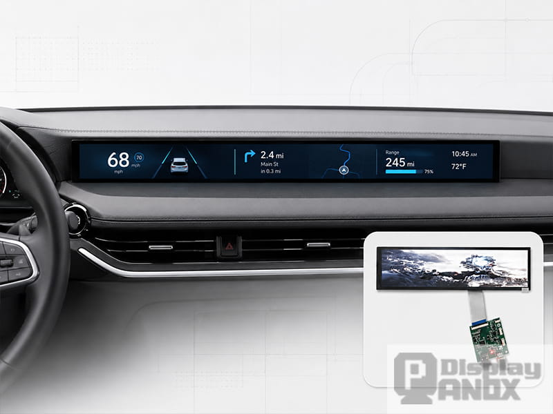 Long strip dashboard display application with 8.8 inch LCD module and HDMI board inset