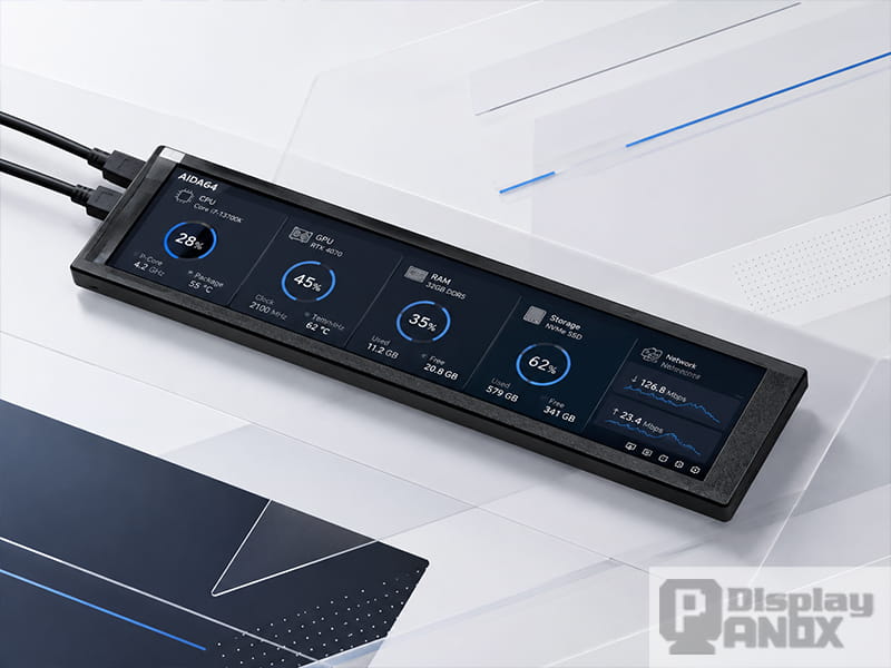 Long strip LCD AIDA64 sub display in a clean modern desktop setup.