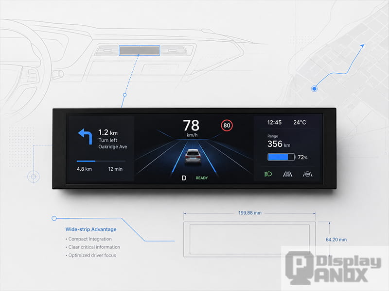 Long strip LCD automotive display design with vehicle HMI interface and technical layout