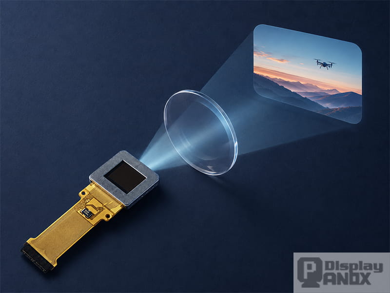 Micro OLED display module projecting a drone image through an optical lens system