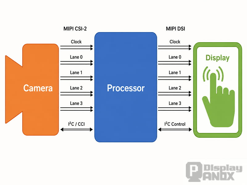 MIPI CSI-2 camera input and DSI display output data flow over D-PHY