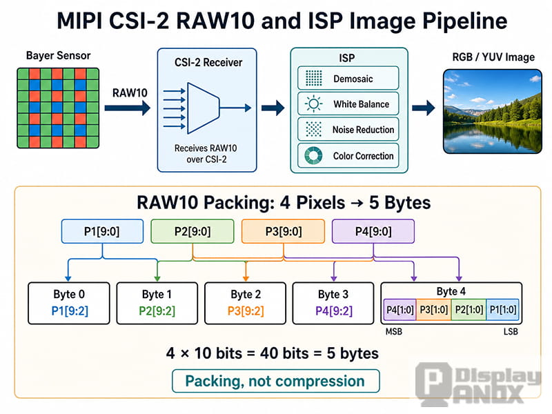 MIPI CSI-2 RAW10 data flow from a Bayer sensor through the ISP