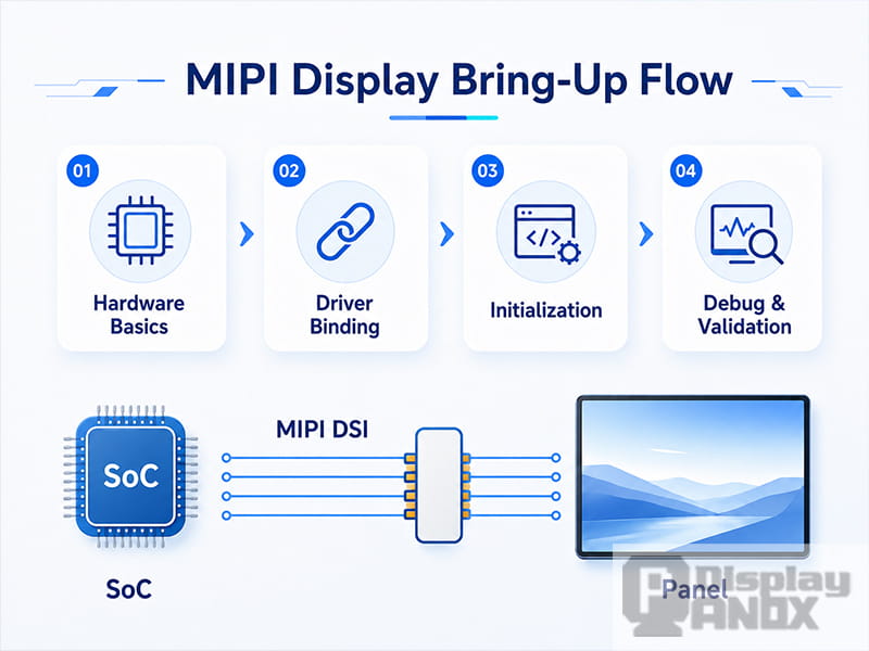 Simplified MIPI display bring-up flow showing hardware basics, driver binding, initialization, debug validation, and SoC to panel MIPI DSI connection.