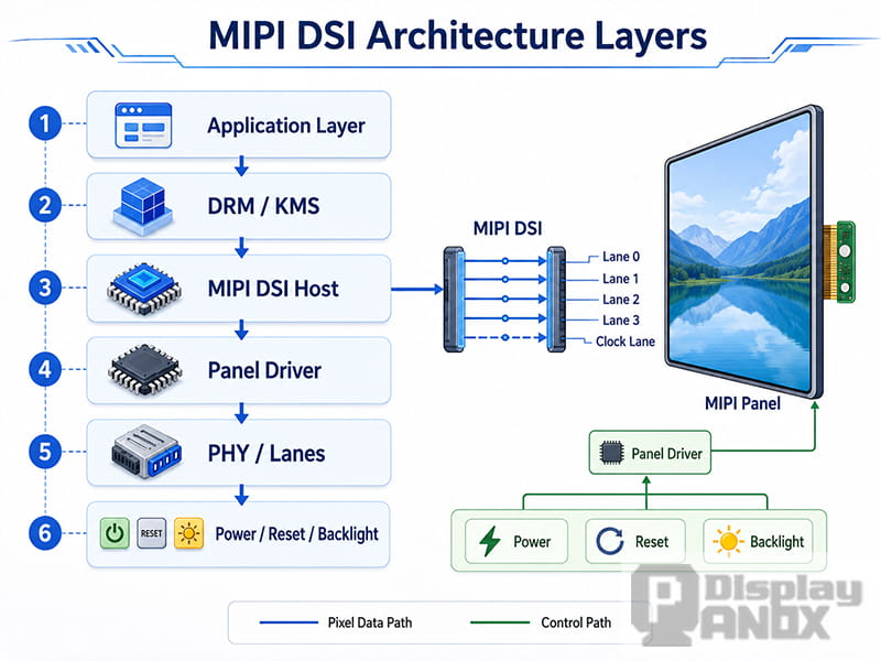 MIPI DSI architecture layers showing application layer, DRM/KMS, DSI host, panel driver, PHY lanes, and control path to a MIPI panel.