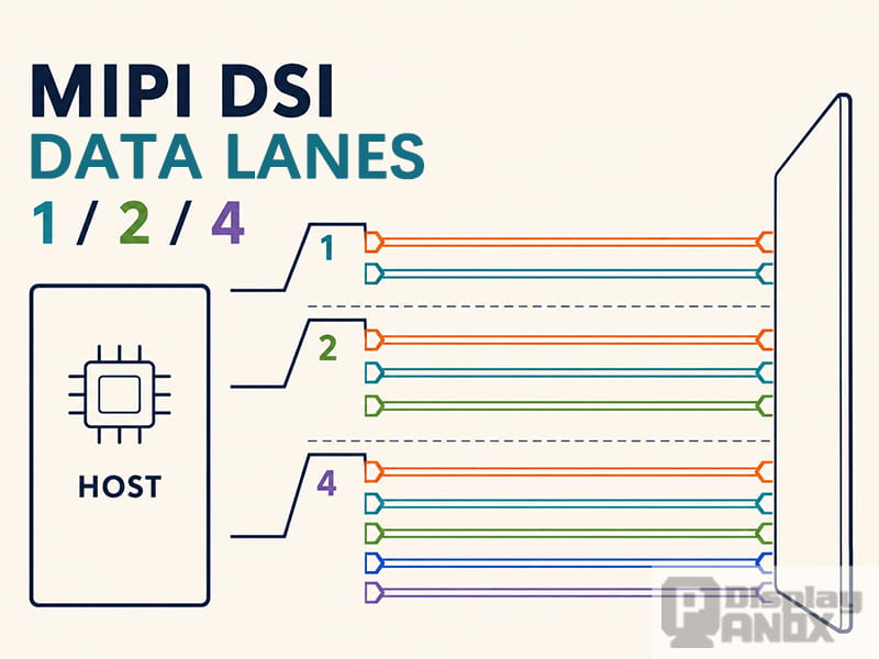 MIPI DSI interface diagram comparing one-, two-, and four-data-lane configurations between a host processor and display.