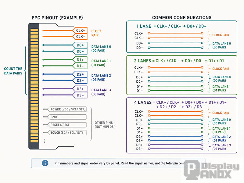 MIPI DSI FPC pinout diagram showing how to identify 1-, 2-, and 4-data-lane configurations from the clock and data pairs.