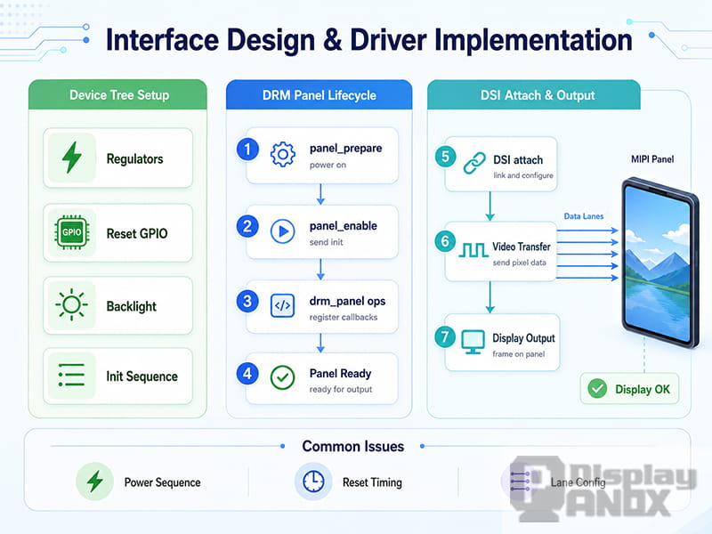 MIPI DSI interface design and driver implementation flow covering device tree setup, DRM panel lifecycle, DSI attach, video transfer, and display output.