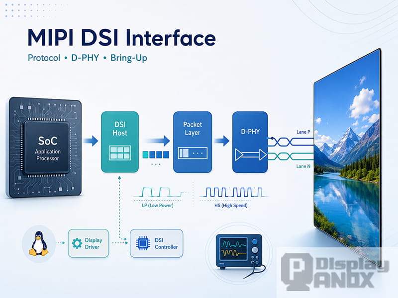 MIPI DSI interface hero image showing data flow from SoC application processor through DSI Host, Packet Layer, D-PHY, and display panel.